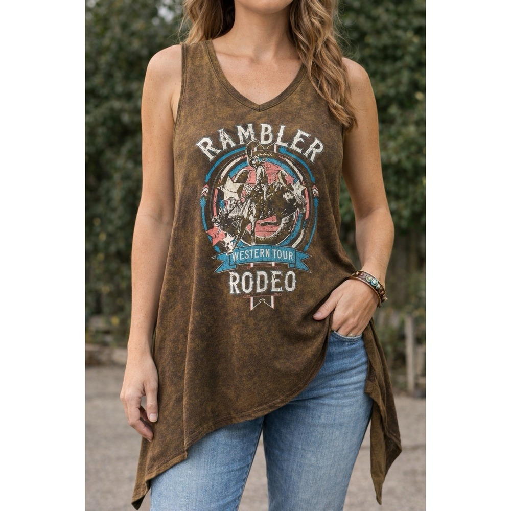 Panhandle Slim Rambler Rodeo‎ Tank Top Womens Large Western Graphic Acid Wash